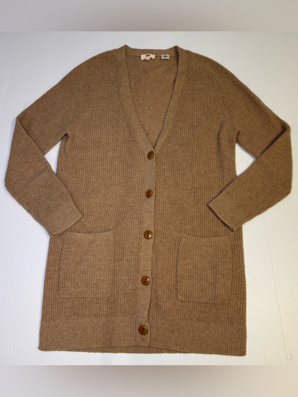 Levi's Camel Wool Alpaca Ribbed Knit Long Cardigan Sweater Brown Women's M Cozy